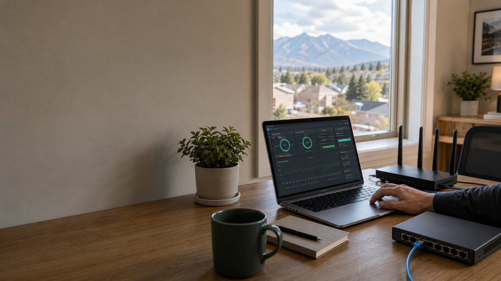 Laptop, router, and network equipment on a desk with mountain views