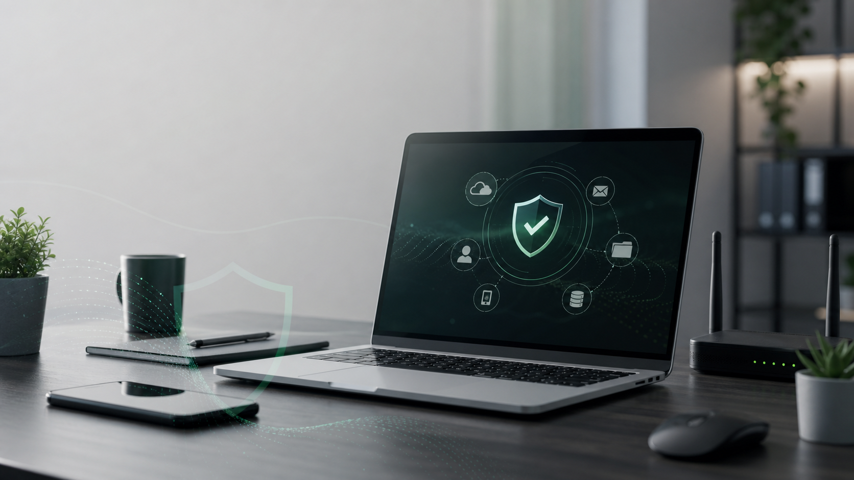 Laptop showing a security dashboard in a clean office